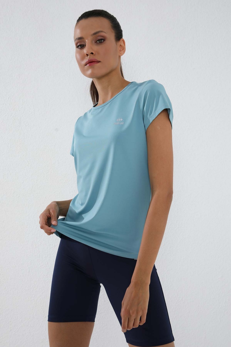 Buz Mavi Basic Kısa Kol Standart Kalıp O Yaka Kadın T-Shirt - 97144