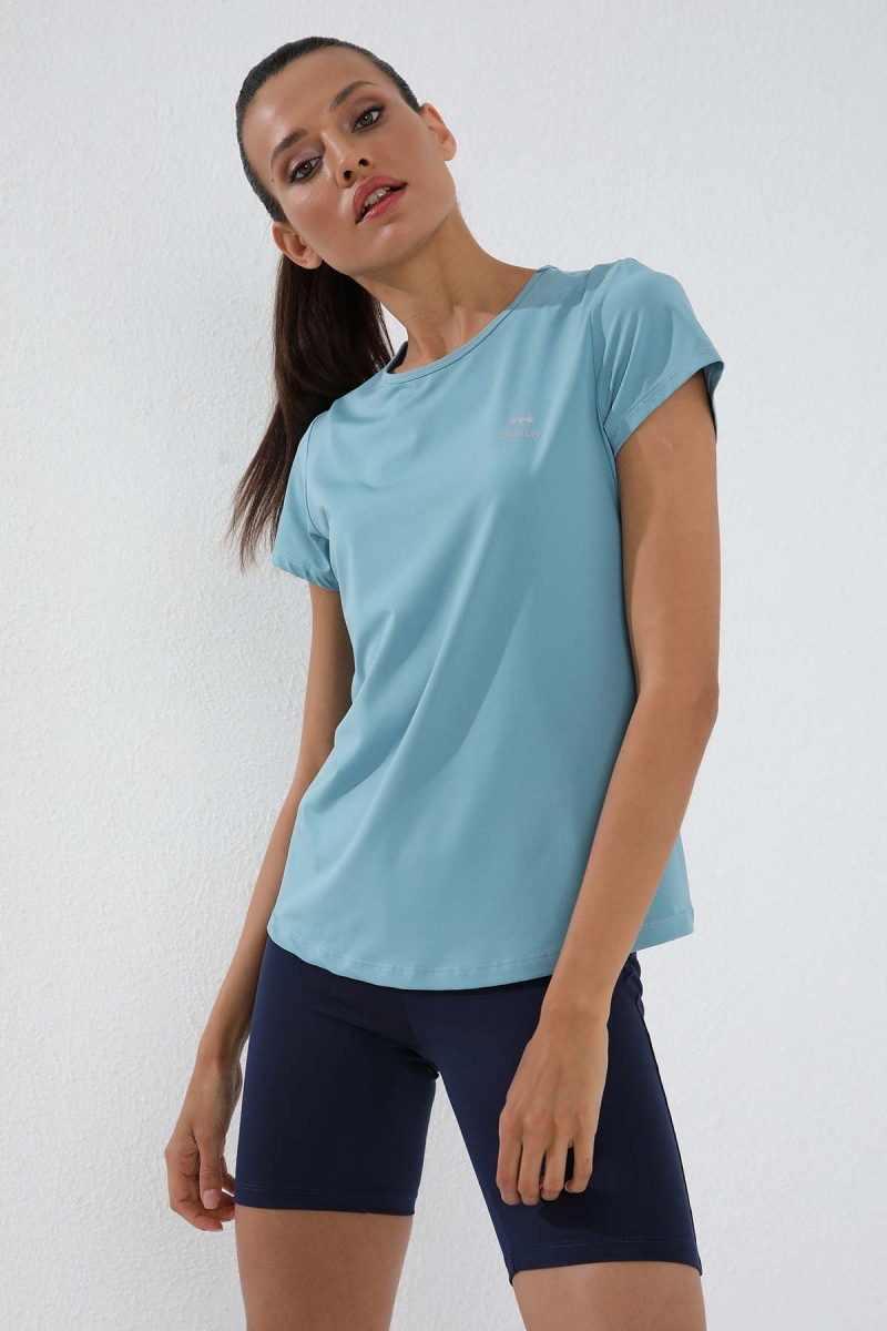 Buz Mavi Basic Kısa Kol Standart Kalıp O Yaka Kadın T-Shirt - 97144