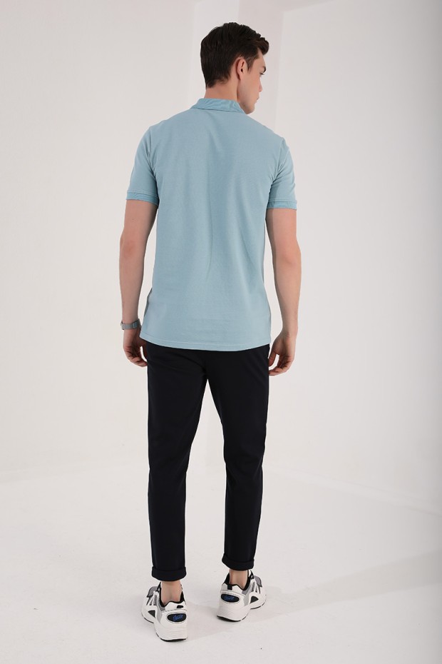 Buz Mavi Basic Logolu Standart Kalıp Triko Polo Yaka Erkek T-Shirt - 87748