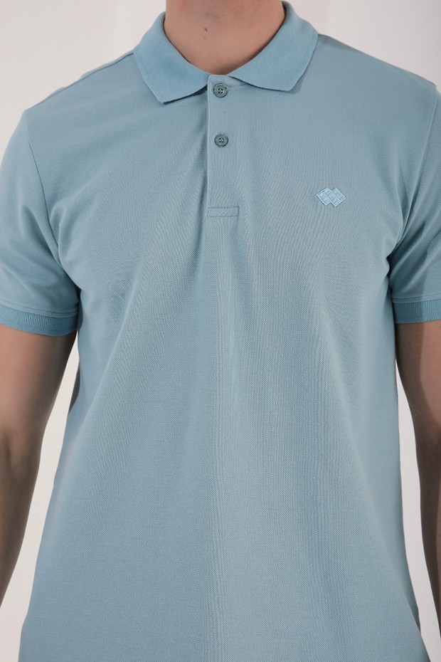 Buz Mavi Basic Logolu Standart Kalıp Triko Polo Yaka Erkek T-Shirt - 87748