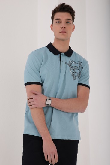Buz Mavi Altıgen Desen Baskılı Standart Kalıp Polo Yaka Erkek T-Shirt - 87928 - Thumbnail