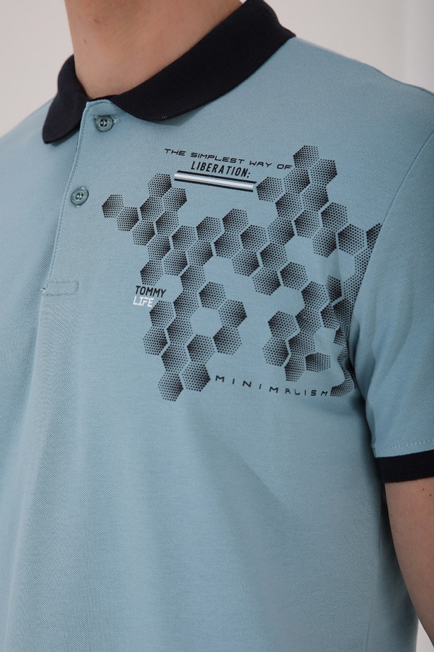 Buz Mavi Altıgen Desen Baskılı Standart Kalıp Polo Yaka Erkek T-Shirt - 87928
