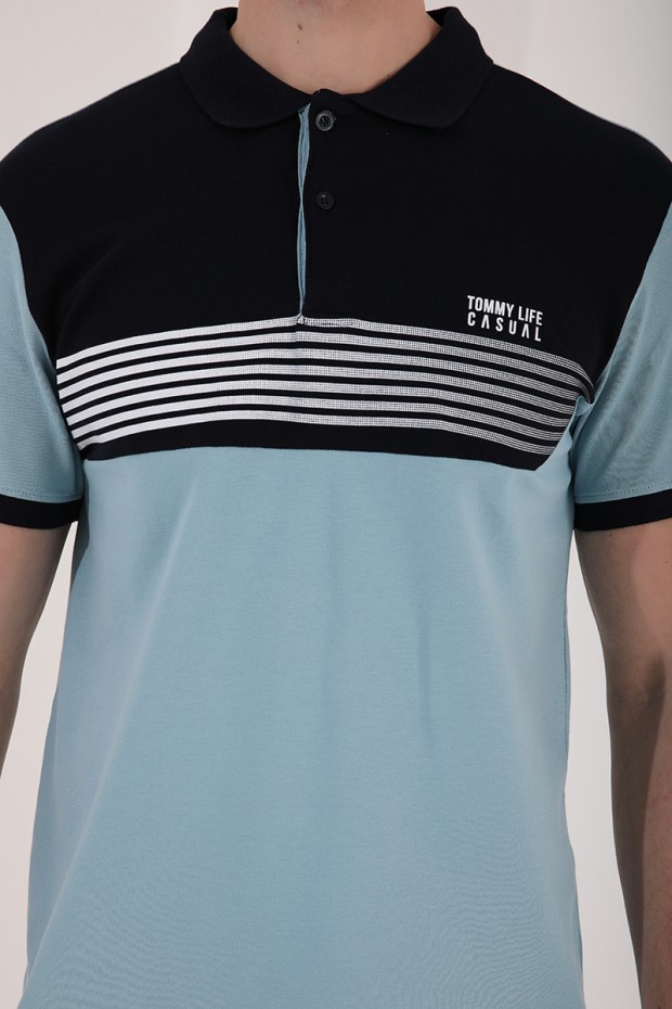 Buz Mavi Çift Renk Göğüs Baskılı Standart Kalıp Triko Polo Yaka Erkek T-Shirt - 87939