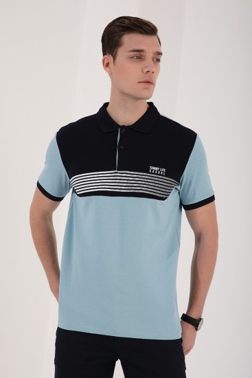 Buz Mavi Çift Renk Göğüs Baskılı Standart Kalıp Triko Polo Yaka Erkek T-Shirt - 87939 - Thumbnail