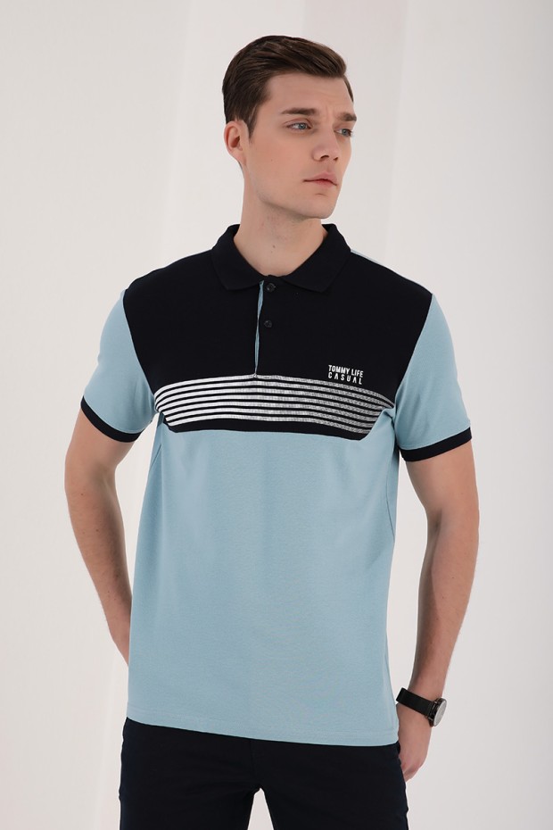 Buz Mavi Çift Renk Göğüs Baskılı Standart Kalıp Triko Polo Yaka Erkek T-Shirt - 87939