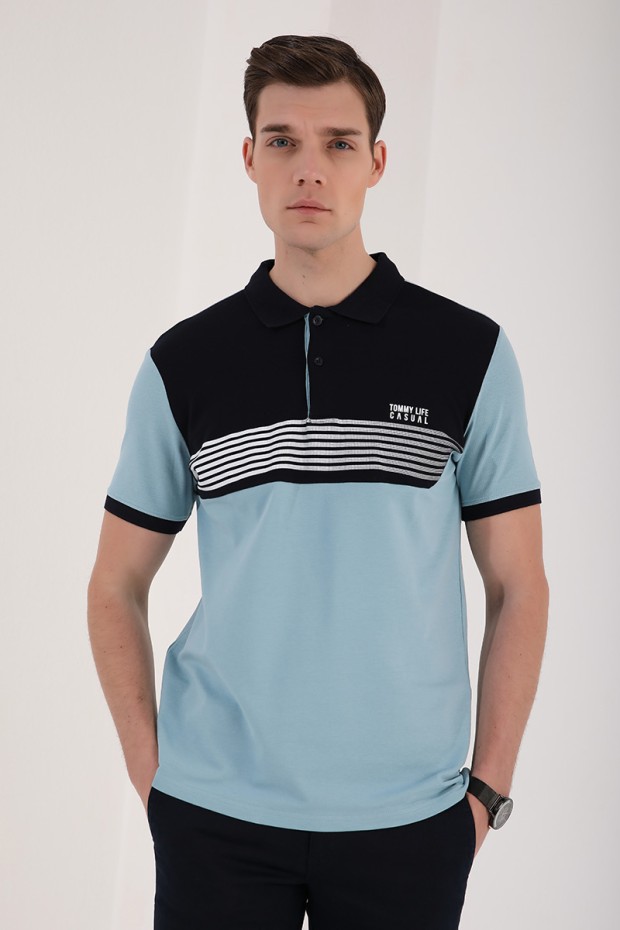 Buz Mavi Çift Renk Göğüs Baskılı Standart Kalıp Triko Polo Yaka Erkek T-Shirt - 87939