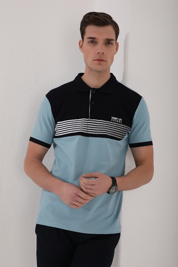 Buz Mavi Çift Renk Göğüs Baskılı Standart Kalıp Triko Polo Yaka Erkek T-Shirt - 87939