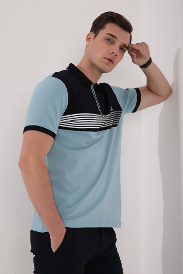 Buz Mavi Çift Renk Göğüs Baskılı Standart Kalıp Triko Polo Yaka Erkek T-Shirt - 87939 - Thumbnail