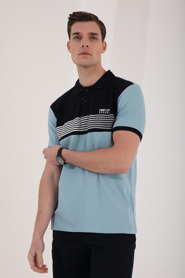 Buz Mavi Çift Renk Göğüs Baskılı Standart Kalıp Triko Polo Yaka Erkek T-Shirt - 87939