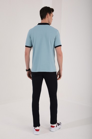 Buz Mavi Çift Renk Göğüs Baskılı Standart Kalıp Triko Polo Yaka Erkek T-Shirt - 87939 - Thumbnail