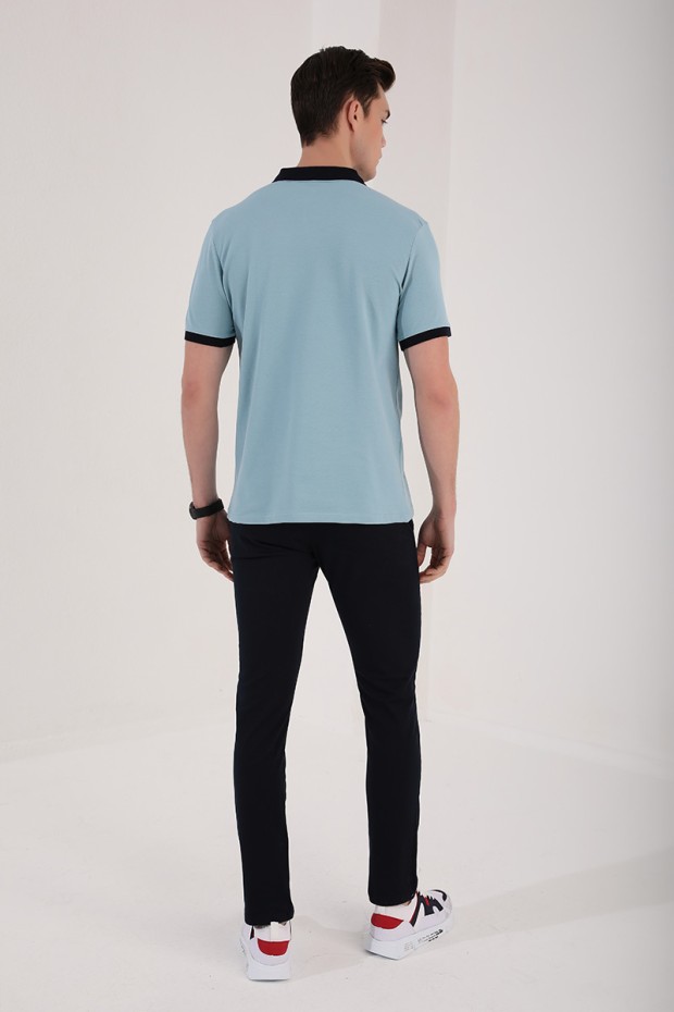 Buz Mavi Çift Renk Göğüs Baskılı Standart Kalıp Triko Polo Yaka Erkek T-Shirt - 87939
