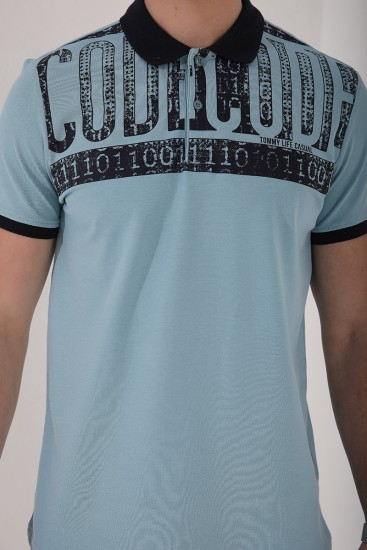 Buz Mavi Eskitme Yazı Baskılı Standart Kalıp Polo Yaka Erkek T-Shirt - 87929 - Thumbnail
