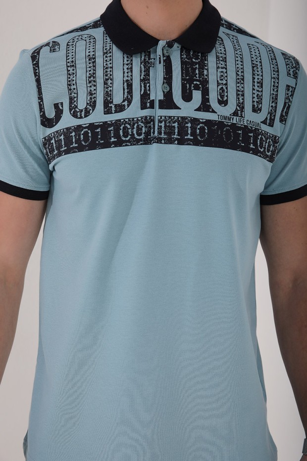 Buz Mavi Eskitme Yazı Baskılı Standart Kalıp Polo Yaka Erkek T-Shirt - 87929