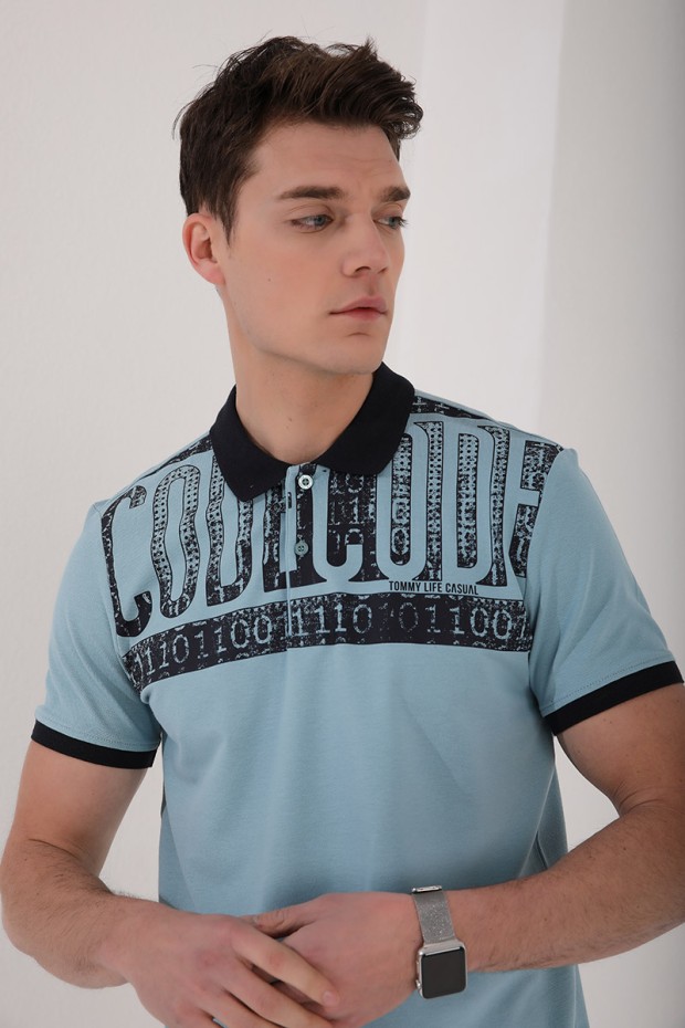 Buz Mavi Eskitme Yazı Baskılı Standart Kalıp Polo Yaka Erkek T-Shirt - 87929