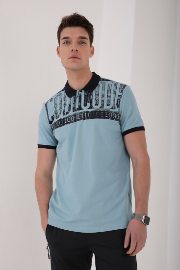 Buz Mavi Eskitme Yazı Baskılı Standart Kalıp Polo Yaka Erkek T-Shirt - 87929 - Thumbnail