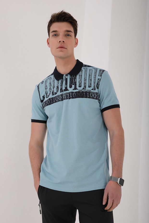 Buz Mavi Eskitme Yazı Baskılı Standart Kalıp Polo Yaka Erkek T-Shirt - 87929