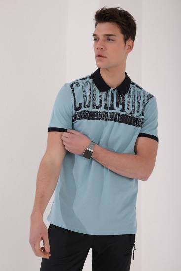 Buz Mavi Eskitme Yazı Baskılı Standart Kalıp Polo Yaka Erkek T-Shirt - 87929 - Thumbnail