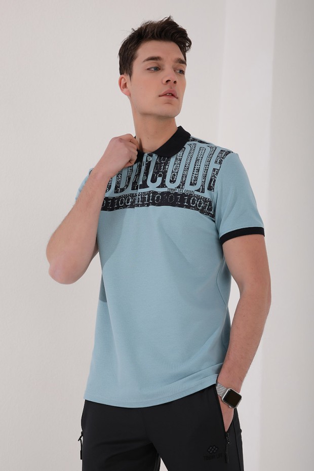Buz Mavi Eskitme Yazı Baskılı Standart Kalıp Polo Yaka Erkek T-Shirt - 87929