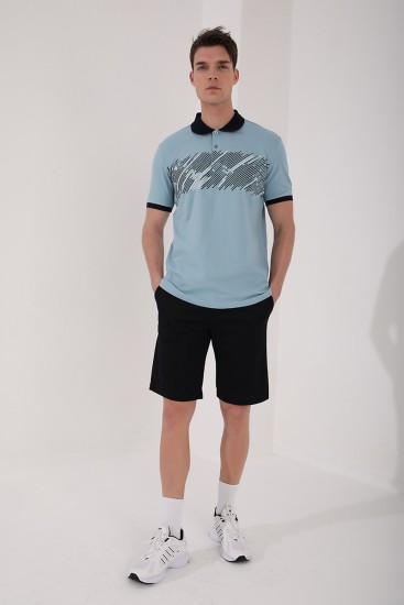 Buz Mavi Sayı Detaylı Çizgi Baskılı Standart Kalıp Polo Yaka Erkek T-Shirt - 87955 - Thumbnail