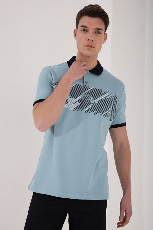Buz Mavi Sayı Detaylı Çizgi Baskılı Standart Kalıp Polo Yaka Erkek T-Shirt - 87955
