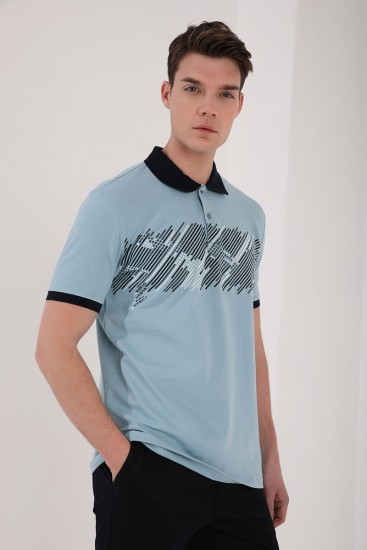 Buz Mavi Sayı Detaylı Çizgi Baskılı Standart Kalıp Polo Yaka Erkek T-Shirt - 87955 - Thumbnail
