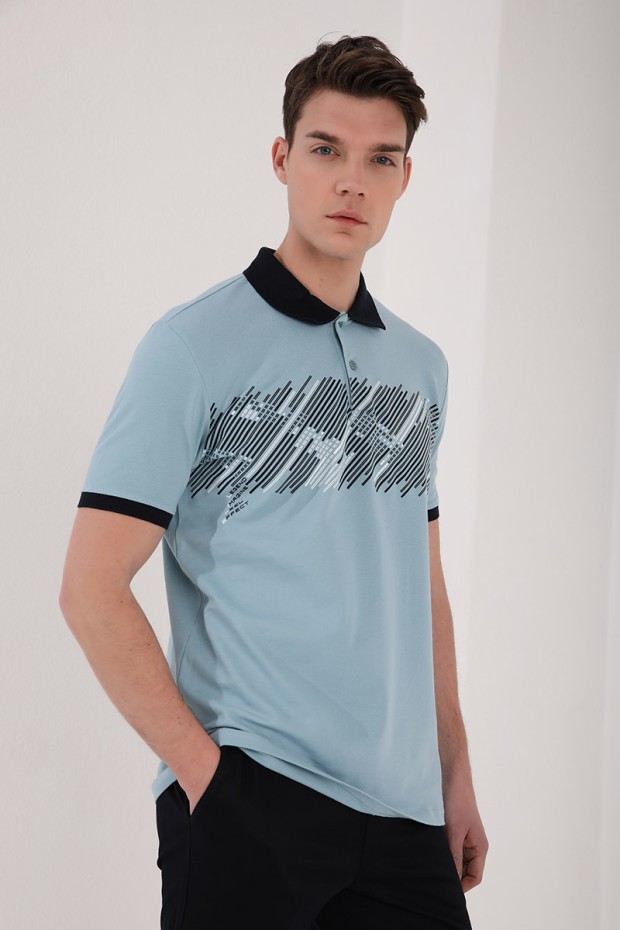 Buz Mavi Sayı Detaylı Çizgi Baskılı Standart Kalıp Polo Yaka Erkek T-Shirt - 87955
