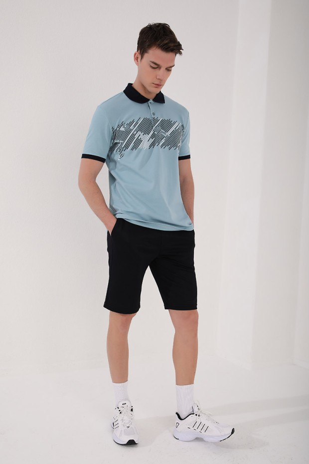 Buz Mavi Sayı Detaylı Çizgi Baskılı Standart Kalıp Polo Yaka Erkek T-Shirt - 87955