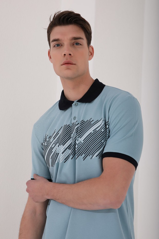 Buz Mavi Sayı Detaylı Çizgi Baskılı Standart Kalıp Polo Yaka Erkek T-Shirt - 87955