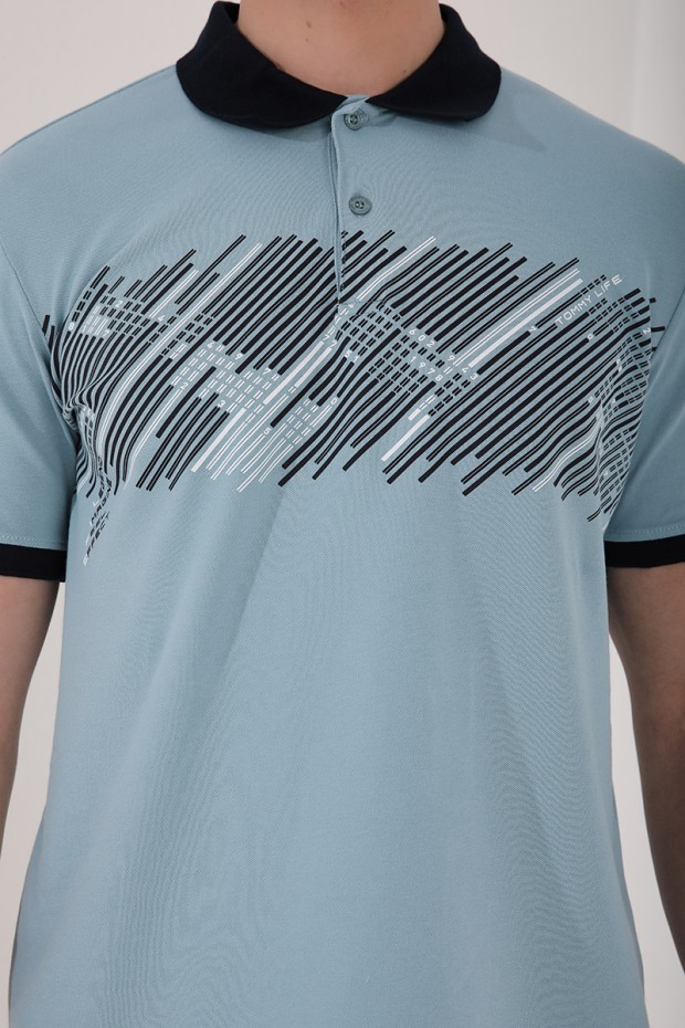 Buz Mavi Sayı Detaylı Çizgi Baskılı Standart Kalıp Polo Yaka Erkek T-Shirt - 87955