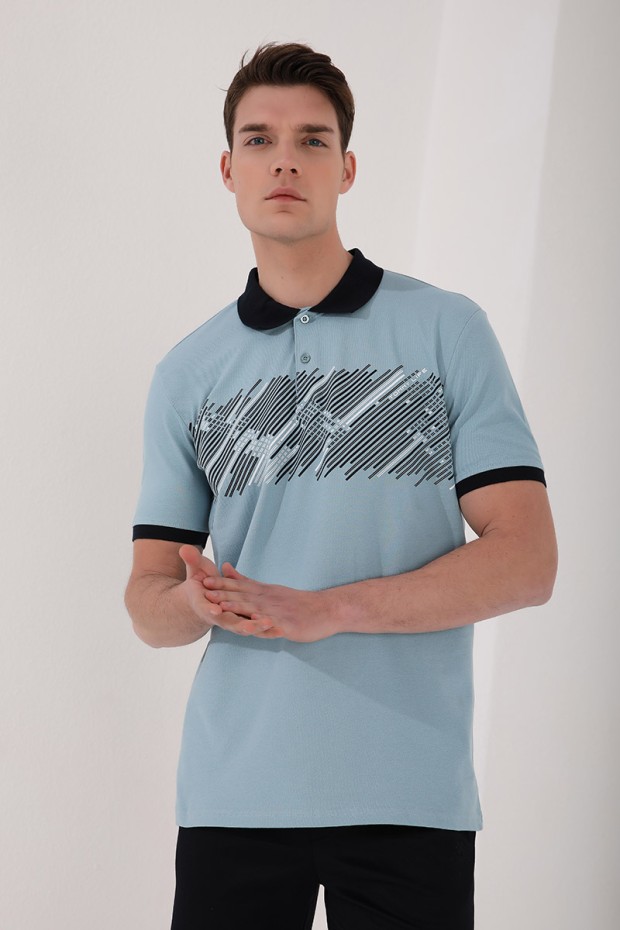 Buz Mavi Sayı Detaylı Çizgi Baskılı Standart Kalıp Polo Yaka Erkek T-Shirt - 87955