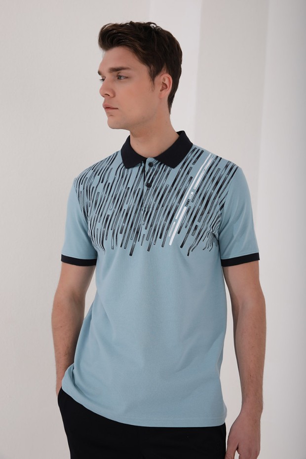 Buz Mavi Kesik Çubuk Baskılı Standart Kalıp Polo Yaka Erkek T-Shirt - 87963