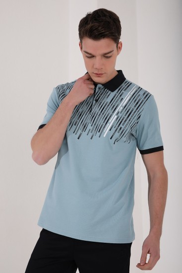 Buz Mavi Kesik Çubuk Baskılı Standart Kalıp Polo Yaka Erkek T-Shirt - 87963 - Thumbnail