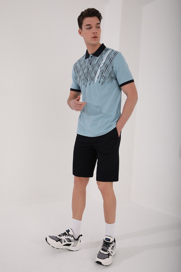 Buz Mavi Kesik Çubuk Baskılı Standart Kalıp Polo Yaka Erkek T-Shirt - 87963