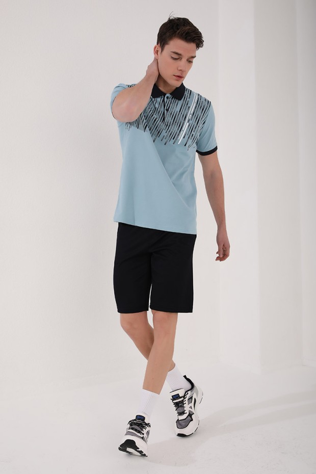 Buz Mavi Kesik Çubuk Baskılı Standart Kalıp Polo Yaka Erkek T-Shirt - 87963
