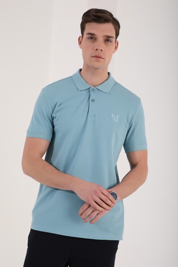 Buz Mavi Klasik Black Yazı Nakışlı Standart Kalıp Polo Yaka Erkek T-Shirt - 87760 
