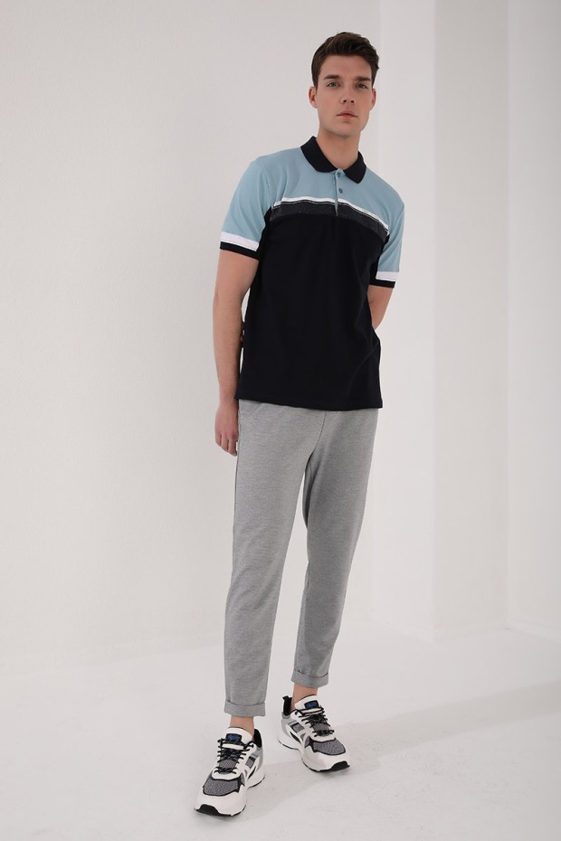 Buz Mavi Renkli Baskı Şeritli Standart Kalıp Düğmeli Polo Yaka Erkek T-Shirt - 87945