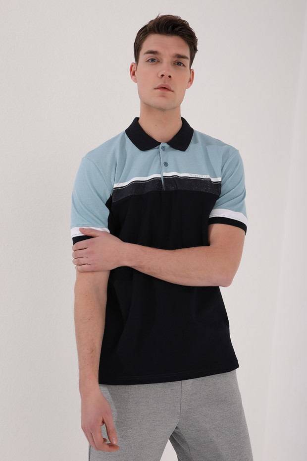 Buz Mavi Renkli Baskı Şeritli Standart Kalıp Düğmeli Polo Yaka Erkek T-Shirt - 87945