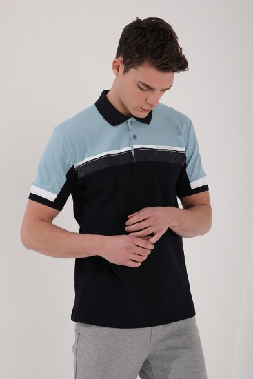 Buz Mavi Renkli Baskı Şeritli Standart Kalıp Düğmeli Polo Yaka Erkek T-Shirt - 87945 - Thumbnail