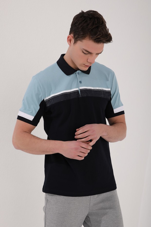 Buz Mavi Renkli Baskı Şeritli Standart Kalıp Düğmeli Polo Yaka Erkek T-Shirt - 87945
