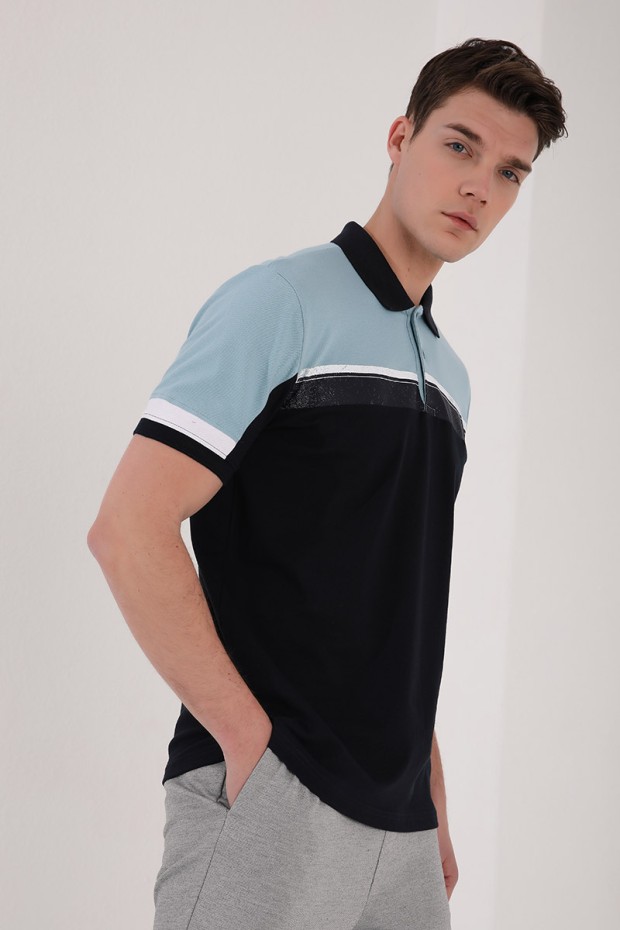 Buz Mavi Renkli Baskı Şeritli Standart Kalıp Düğmeli Polo Yaka Erkek T-Shirt - 87945