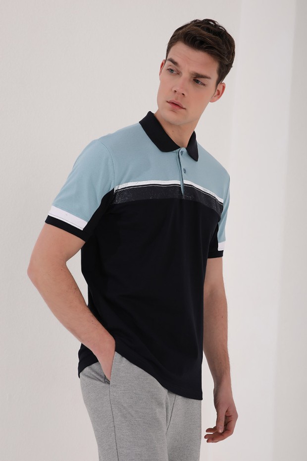 Buz Mavi Renkli Baskı Şeritli Standart Kalıp Düğmeli Polo Yaka Erkek T-Shirt - 87945