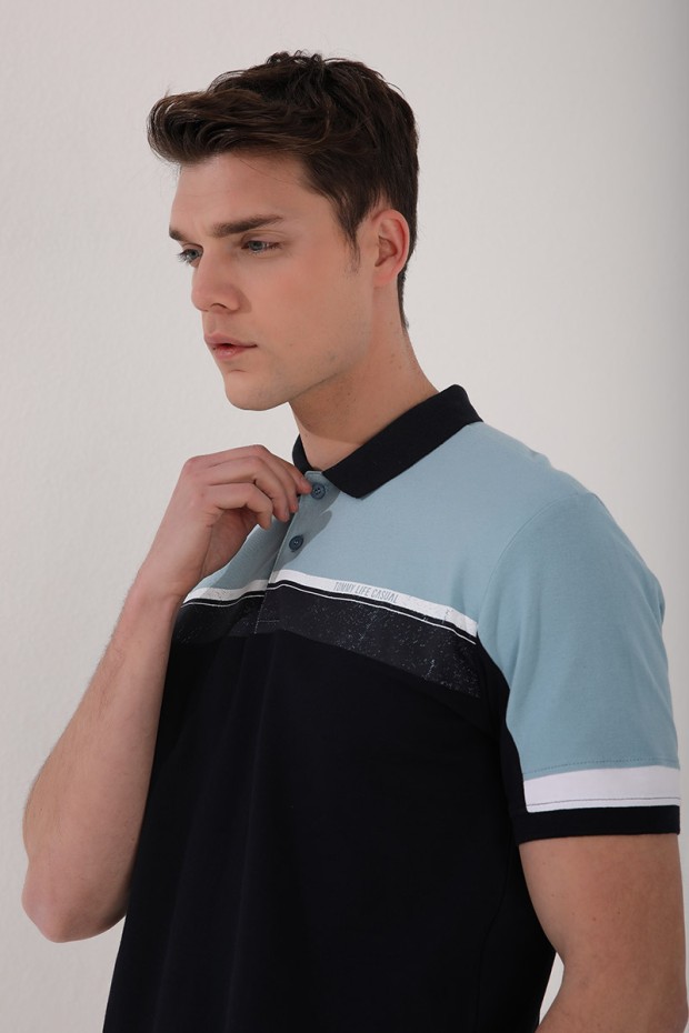 Buz Mavi Renkli Baskı Şeritli Standart Kalıp Düğmeli Polo Yaka Erkek T-Shirt - 87945