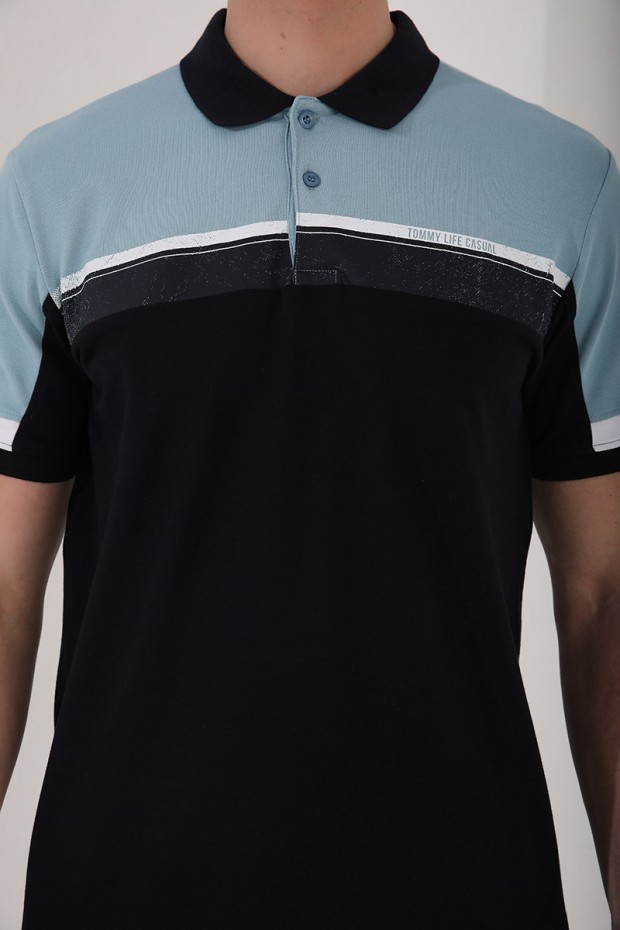 Buz Mavi Renkli Baskı Şeritli Standart Kalıp Düğmeli Polo Yaka Erkek T-Shirt - 87945