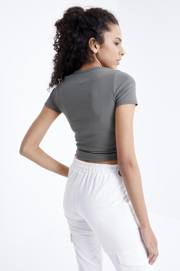 Çağla Basic Yanı Büzgülü O Yaka Kadın Crop Top T-Shirt - 97203