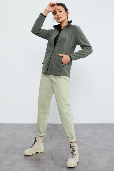 Çağla Dik Yaka Fermuarlı Rahat Form Kadın Polar Sweatshirt - 97173 - TOMMYLIFE (1)