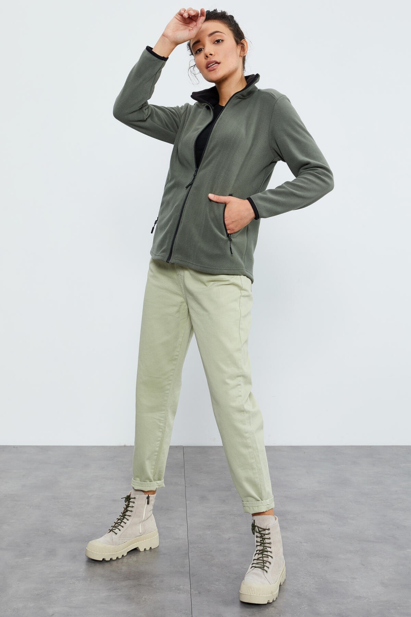 Çağla Dik Yaka Fermuarlı Rahat Form Kadın Polar Sweatshirt - 97173 - 2