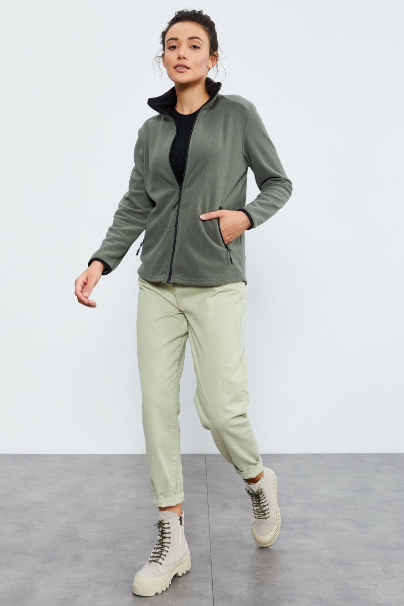 Çağla Dik Yaka Fermuarlı Rahat Form Kadın Polar Sweatshirt - 97173 - 4