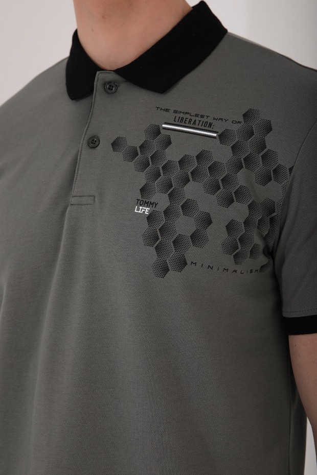 Çağla Altıgen Desen Baskılı Standart Kalıp Polo Yaka Erkek T-Shirt - 87928