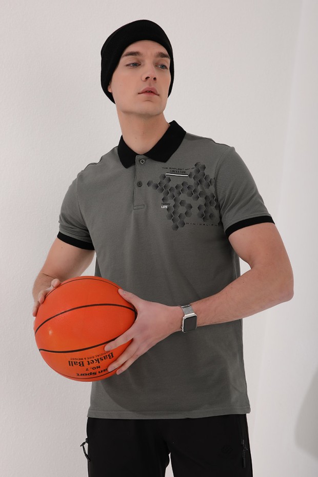Çağla Altıgen Desen Baskılı Standart Kalıp Polo Yaka Erkek T-Shirt - 87928