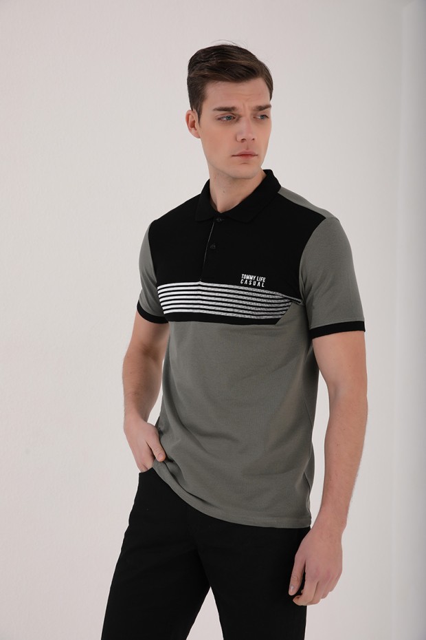 Çağla Çift Renk Göğüs Baskılı Standart Kalıp Triko Polo Yaka Erkek T-Shirt - 87939